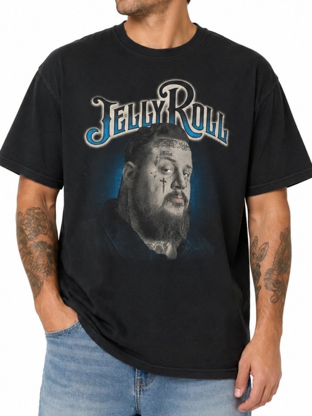 Jelly Roll Men's Black Portrait Tour Short Sleeve Crewneck Tshirt
